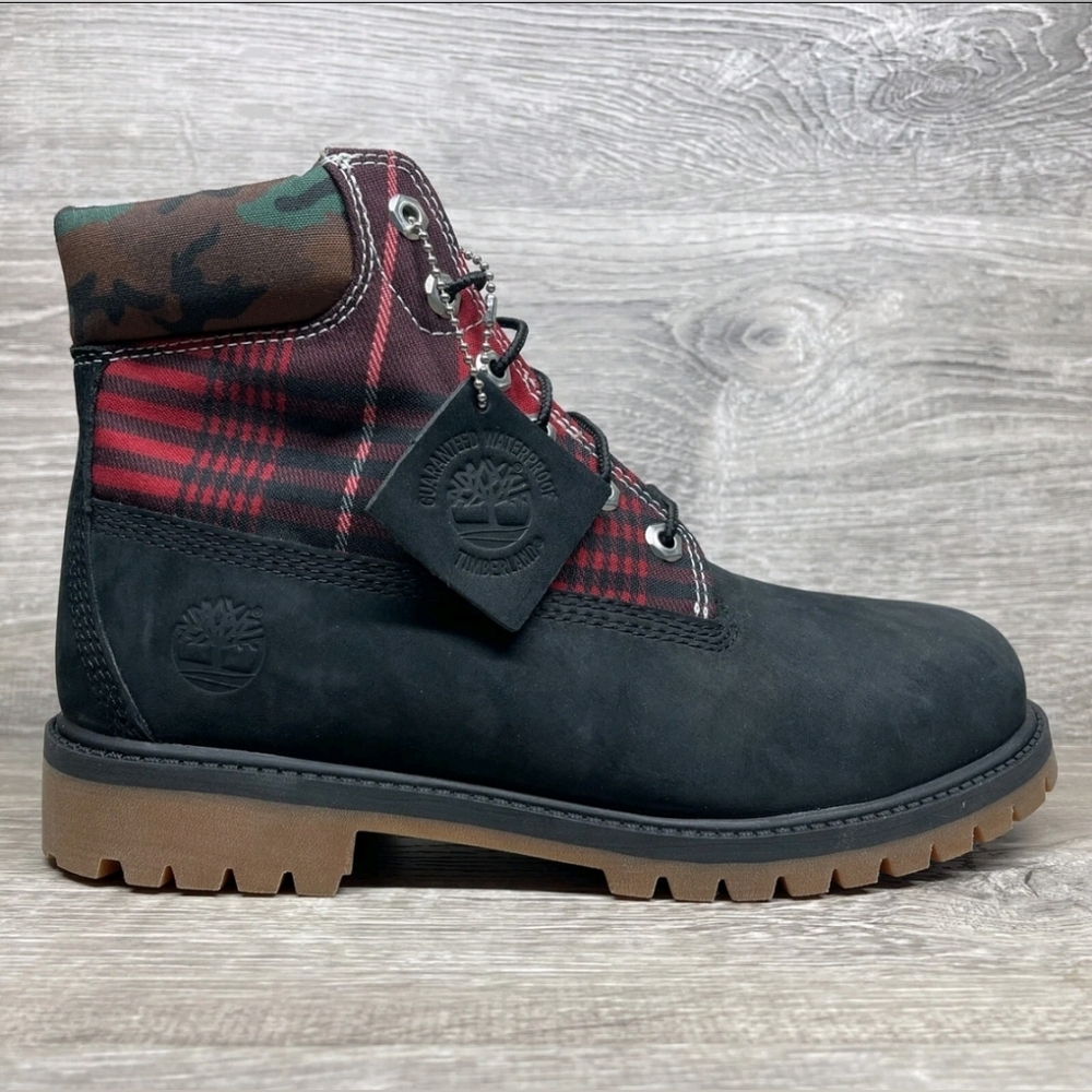Timberland Heritage 6 Waterproof Black Nubuck Plaid Camo Boot Boys 6.5 Women 8.5